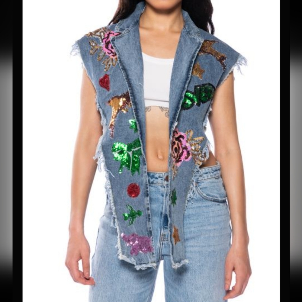 Akira LOVED FRAYED DENIM PATCHWORK SEQUIN VEST Triangle Multicolor US Small New